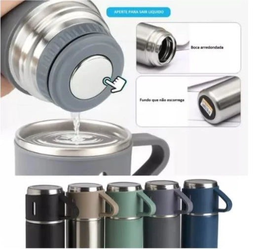 Kit Garrafa Térmica 500 ml + Xícaras Bebidas Fria ou Quente
